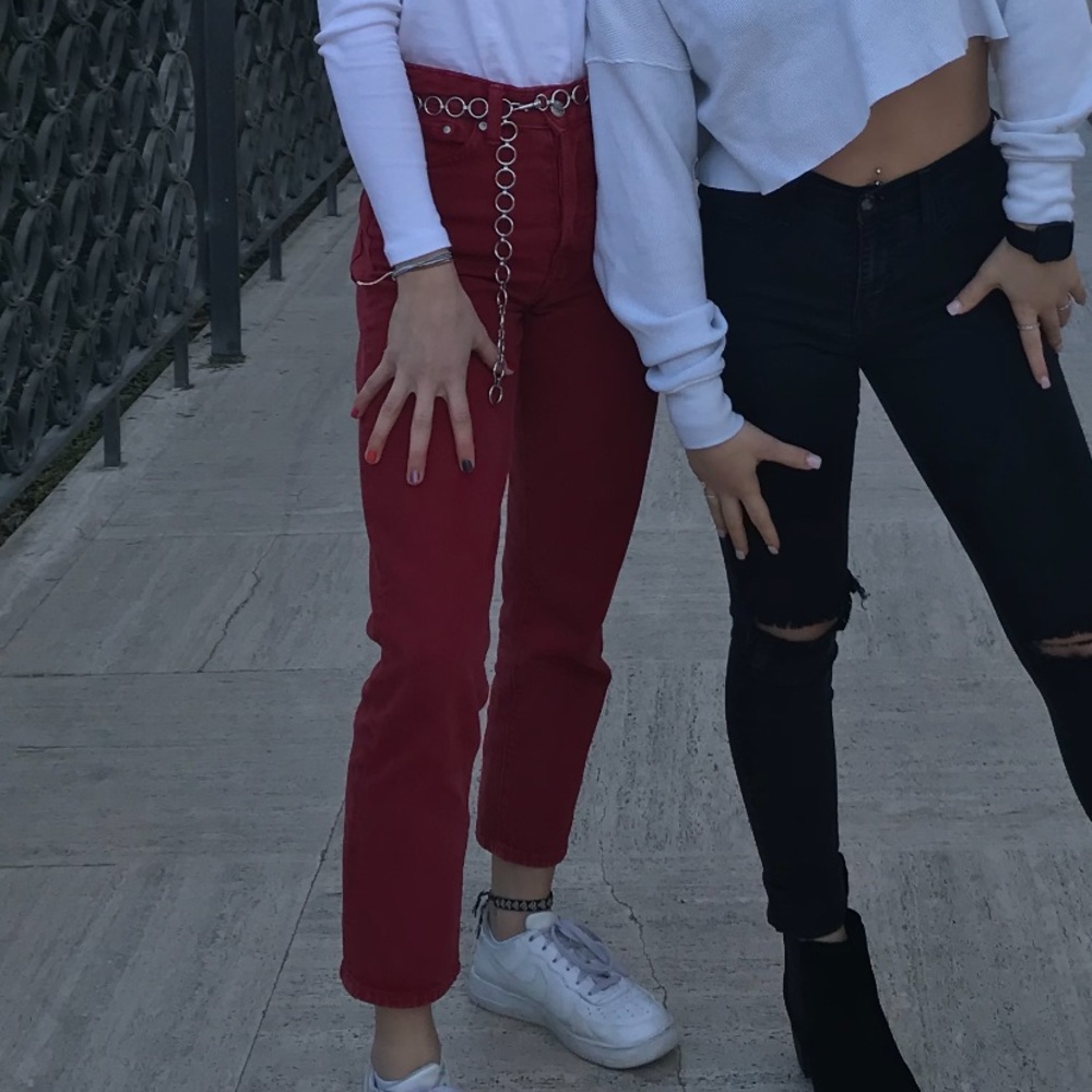 Red mom jeans